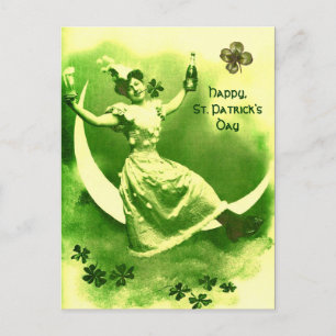 CARTE POSTALE SAINT PATRICK'S DAY LUNE LADY AVEC SHAMROCK