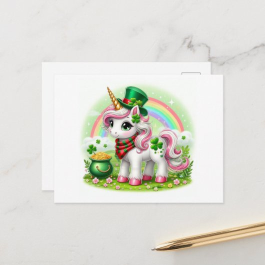 Carte Postale Saint Patricks Day Unicorn (Devant/Arrière en situation)
