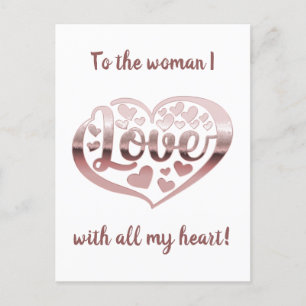 Carte Postale Saint Valentin coeur amour rose or blanc