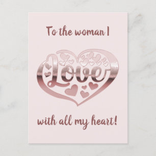 Carte Postale Saint Valentin coeur d'amour rose métallique or ro
