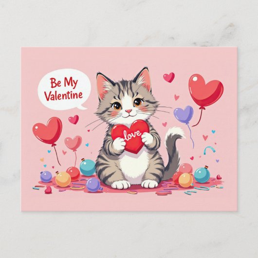 Carte Postale Saint-Valentin Joli Chat Cœurs Sois Mon Valentin (Devant)