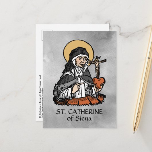 Carte Postale Sainte Catherine de Sienne avec Coeur Crucifix (Devant/Arrière en situation)