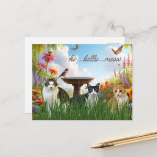 Carte Postale Salut Bonjour Miaou / Chats dans le Jardin Animal