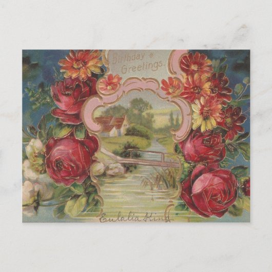 Carte Postale Salutations d'anniversaire vintages jolies fleurs (Devant)