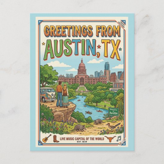 Carte Postale Salutations d'Austin TX Rétro Coloré (Devant)