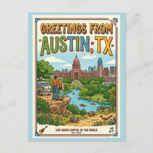 Carte Postale Salutations d'Austin TX Rétro Coloré (Devant)