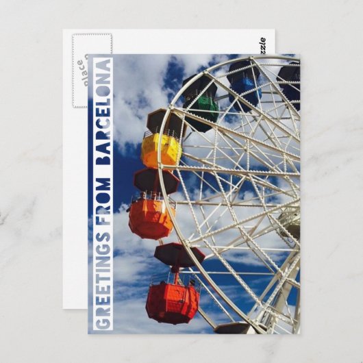 Carte Postale salutations de Barcelone, poste avec ferris où (Devant / Derrière)