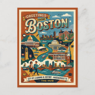 Carte Postale Salutations de Boston Rétro Années 1960