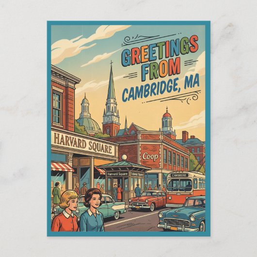 Carte Postale Salutations de Cambridge MA Harvard Square Rétro (Devant)