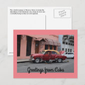 Carte Postale Salutations de Cuba Red Car Pink Building (Devant / Derrière)