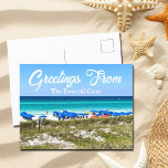 Carte Postale Salutations de la Côte d'Emeraude Belle Floride<br><div class="desc">Salutations de la Côte d'Émeraude. Magnifique Destin,  carte postale de la Floride avec des parapluies bleus le long de la mer et d'époustouflant bleu vert serein eau de mer et herbe de mer. Cartes postales estivales parfaites.</div>
