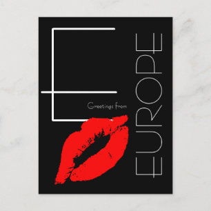 Carte Postale Salutations de l'Europe Rouge Lipstick Kiss Noir