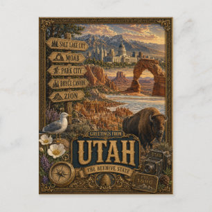 Carte Postale Salutations de l'Utah Art Rétro Vintage