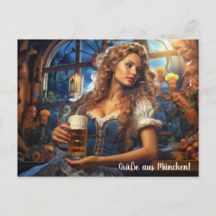 Carte Postale Salutations de Munich! Femme en dirndl avec de la 