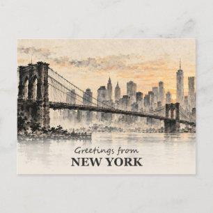 Carte Postale Salutations de New York Pont de Brooklyn encre lav