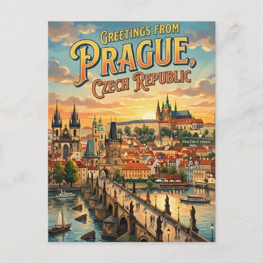 Carte Postale Salutations de Prague République tchèque Style Vin (Devant)