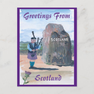 Carte Postale Salutations de Scotland Standing Stone Bagpiper