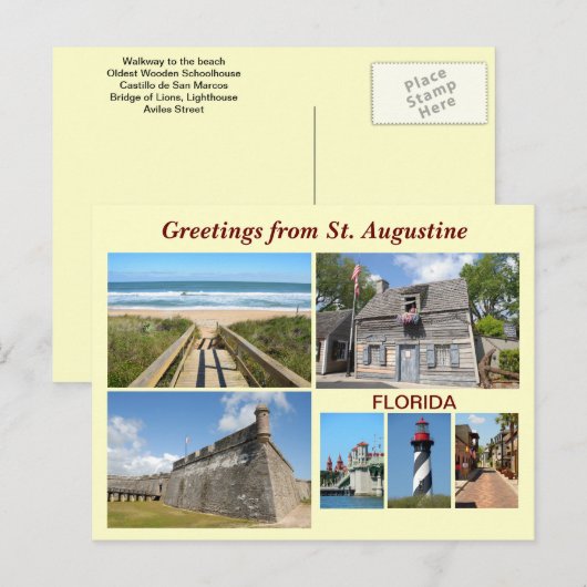 Carte Postale Salutations de St Augustine, Floride (Devant / Derrière)