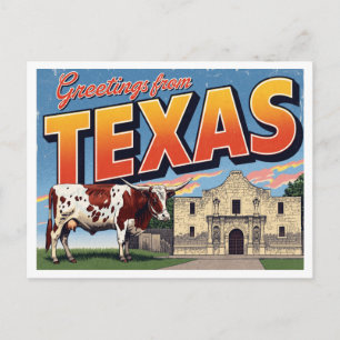 Carte Postale Salutations de vache Longhorn du Texas Alamo