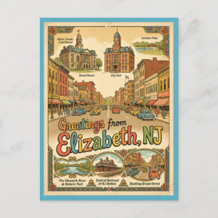 Carte Postale Salutations d'Elizabeth New Jersey Style Vintage
