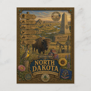 Carte Postale Salutations du Dakota du Nord   Art Rétro Vintage