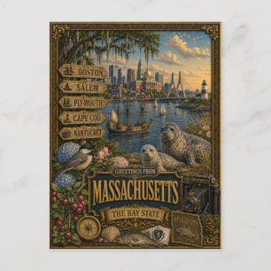 Carte Postale Salutations du Massachusetts Art Rétro Vintage