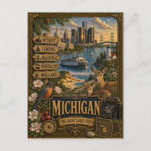 Carte Postale Salutations du Michigan Art Rétro Vintage