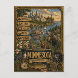 Carte Postale Salutations du Minnesota Art Rétro Vintage
