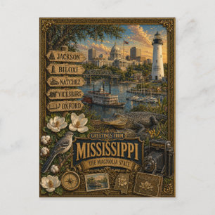 Carte Postale Salutations du Mississippi   Art Rétro Vintage