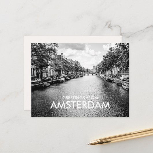 Carte Postale Salutations en noir et blanc d'Amsterdam (Devant/Arrière en situation)