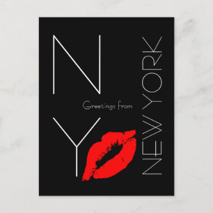 Carte Postale Salutations New York Red Lipstick Kiss Black