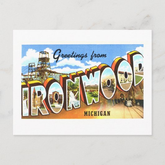 Carte Postale Salutations Vintage d'Ironwood, Michigan, (Devant)