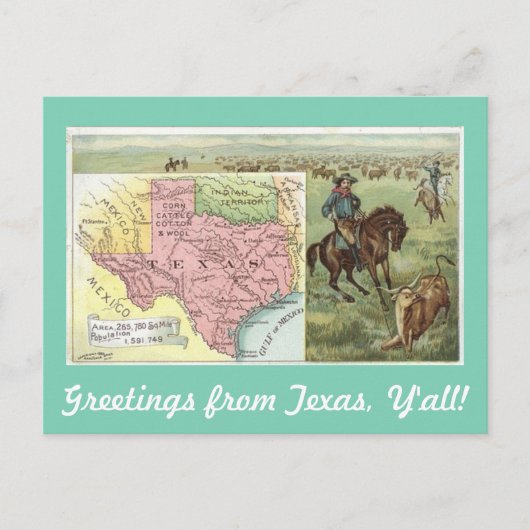 Carte Postale Salutations vintages du Texas Y'all (Devant)