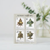 Carte Postale Samovars russes antiques sur timbres (Debout devant)