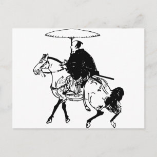 Carte Postale Samurai Riding a Horse with Umbrella, Black Line