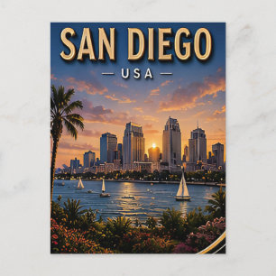 Carte Postale San Diego, port de voyage et skyline côtier