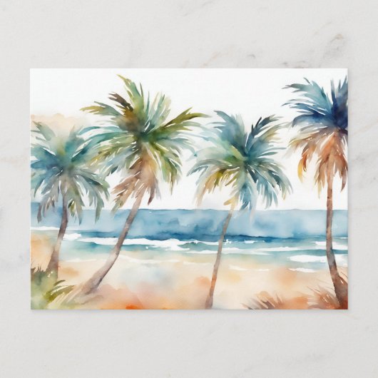 Carte Postale Sandy Watercolor Plage tropicale, Palmiers (Devant)