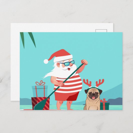 Carte Postale Santa Claus and His Pug on a surfboard (Devant / Derrière)
