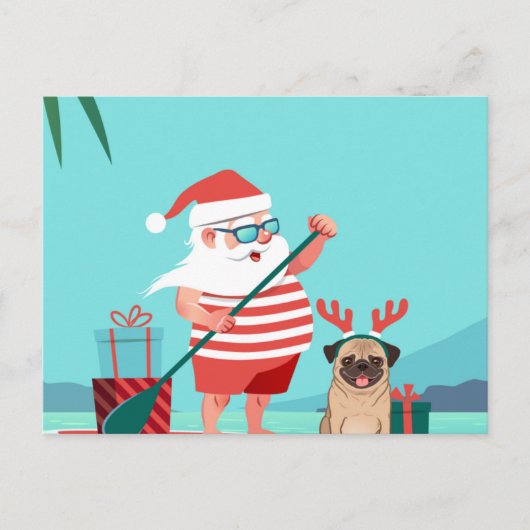 Carte Postale Santa Claus and His Pug on a surfboard (Devant)