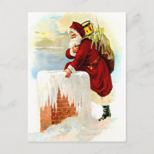 Carte Postale Santa Claus is coming through chimney with toys