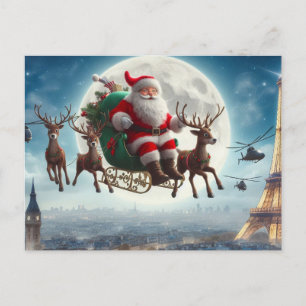 Carte Postale Santa Claus & traîneau au-dessus de Paris, France,