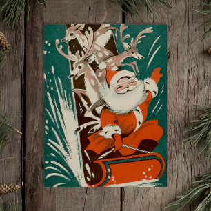 Carte Postale Santa Claus vintage + Reindeer Sledding Retro xmas
