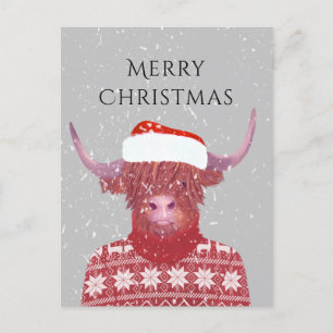 Carte Postale  Santa Orange Highland Cow Joyeux Noël  
