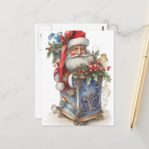 Carte Postale Santa vintage adorable et boîte bleue