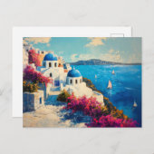 Carte Postale Santorin Fleurs vibrantes Peinture numérique à l'h (Devant / Derrière)
