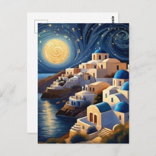 Carte Postale Santorin, Grèce par Lumière de la Lune - Grec Isla (Devant / Derrière)