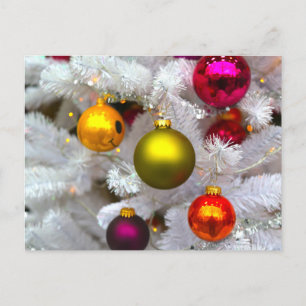 Carte Postale Sapin de Noël blanc avec boules colorées