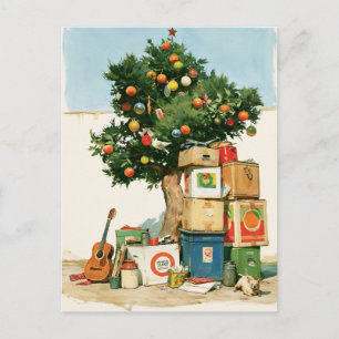 Carte Postale Sapin de Noël bohème et cartons de déménagement