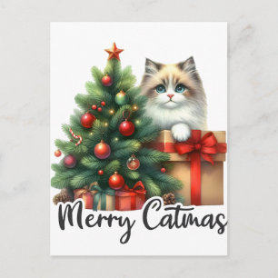 Carte Postale Sapin de Noël et chat 2025