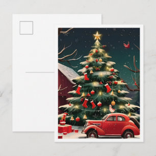 Carte Postale Sapin de Noël et voiture ancienne